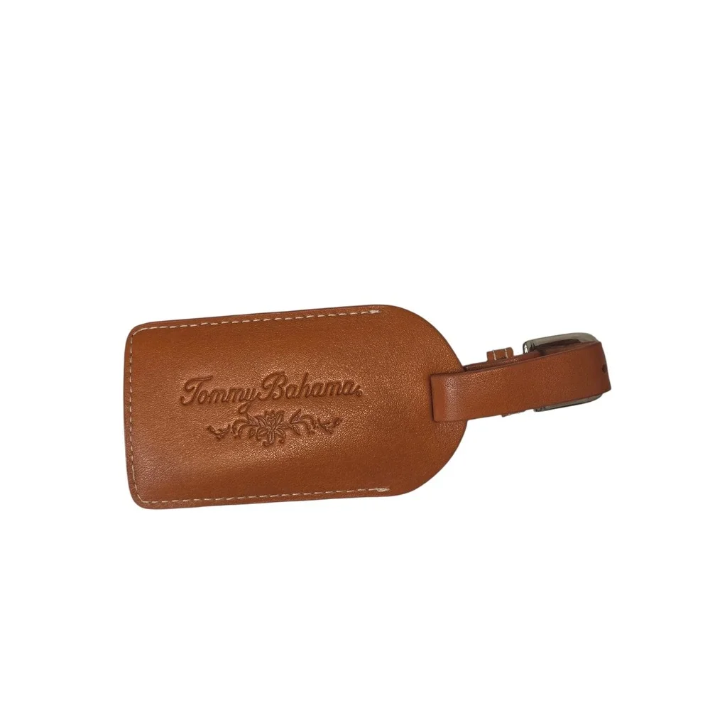 Tommy Bahama Cognac Brown Leather Luggage Tag Travel Accessory Logo Embossed